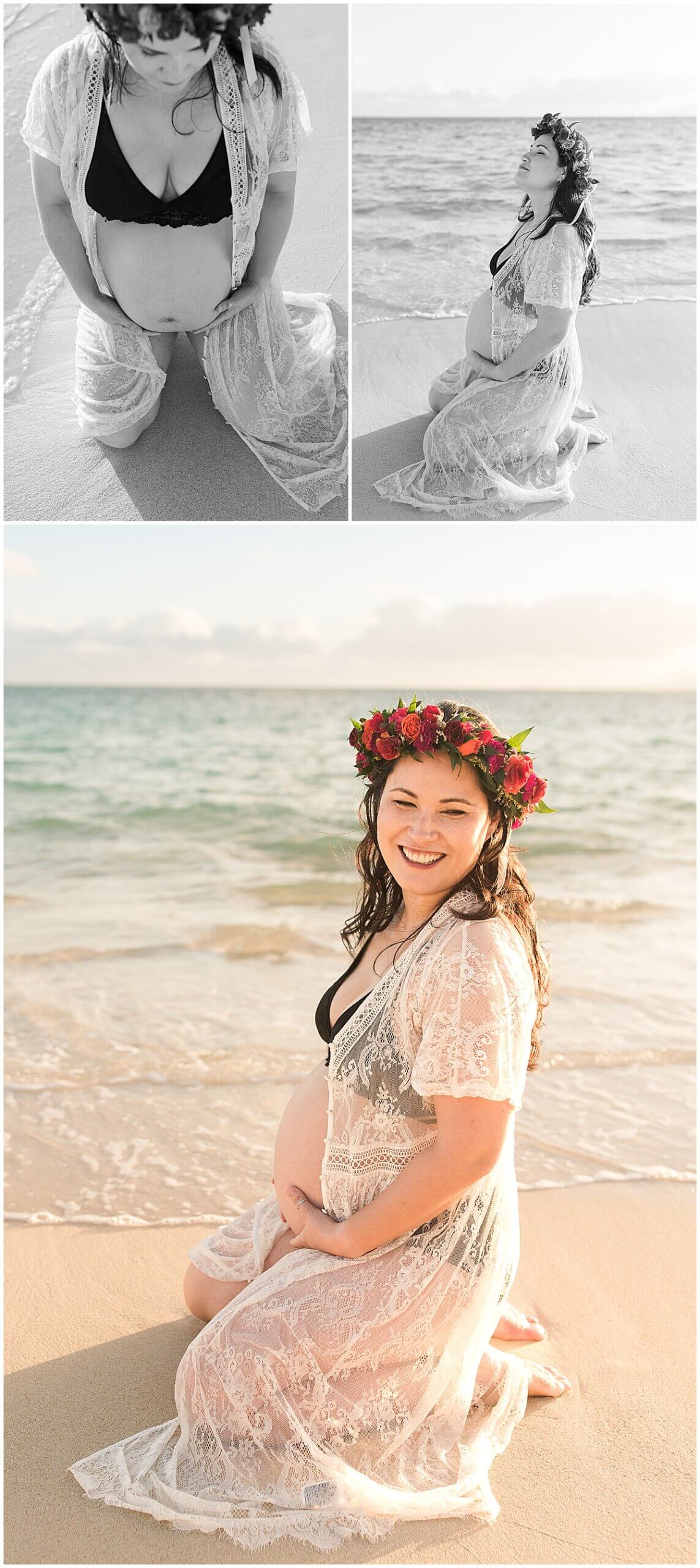 new mom kneeling in the sand with Hawaiian headpiece and two piece bikini set at lanikai sunrise session 