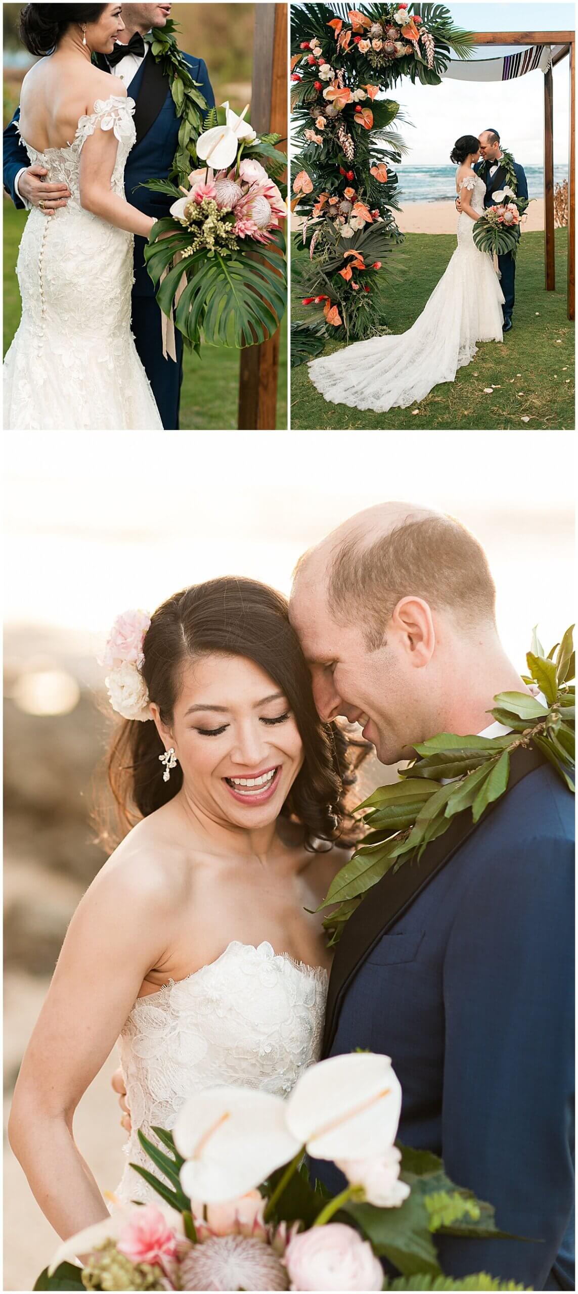 bride and groom portraits on north shore Hawaii under the wedding arch at Loulu Palm Estate