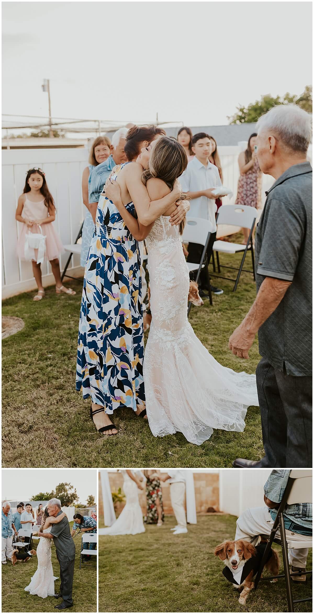 bride hugs parents at the end of aisle during pearl city backyard celebration 
