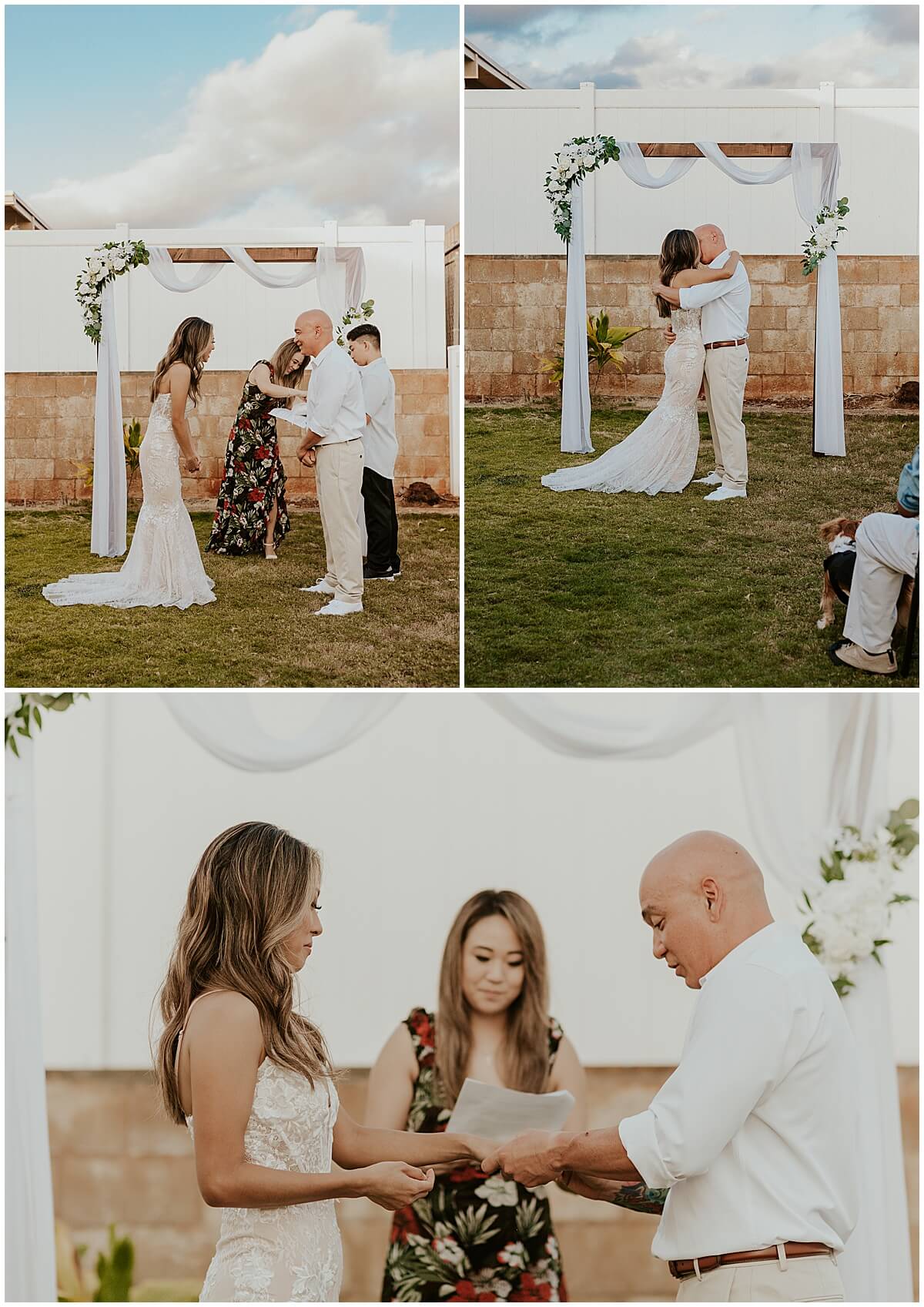 bride and groom exchange vows and give each other rings by oahu wedding photographer 