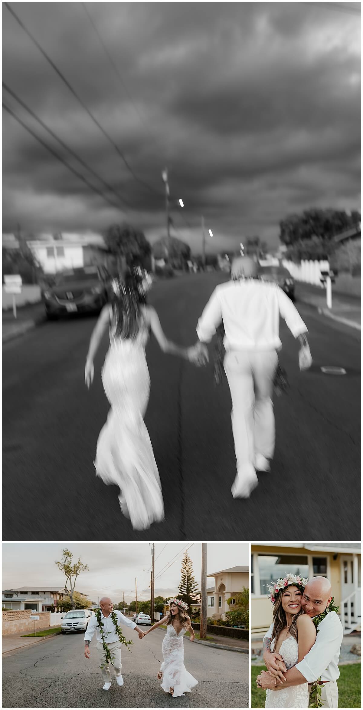 couple running in the road by oahu wedding photographer 