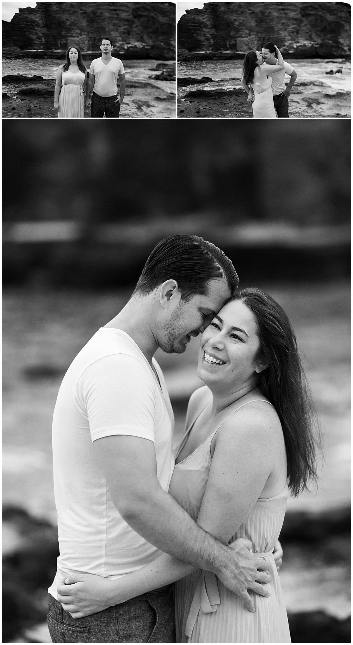 black and white portraits of couple wearing dress and white t-shirt by Oahu portrait photographer 