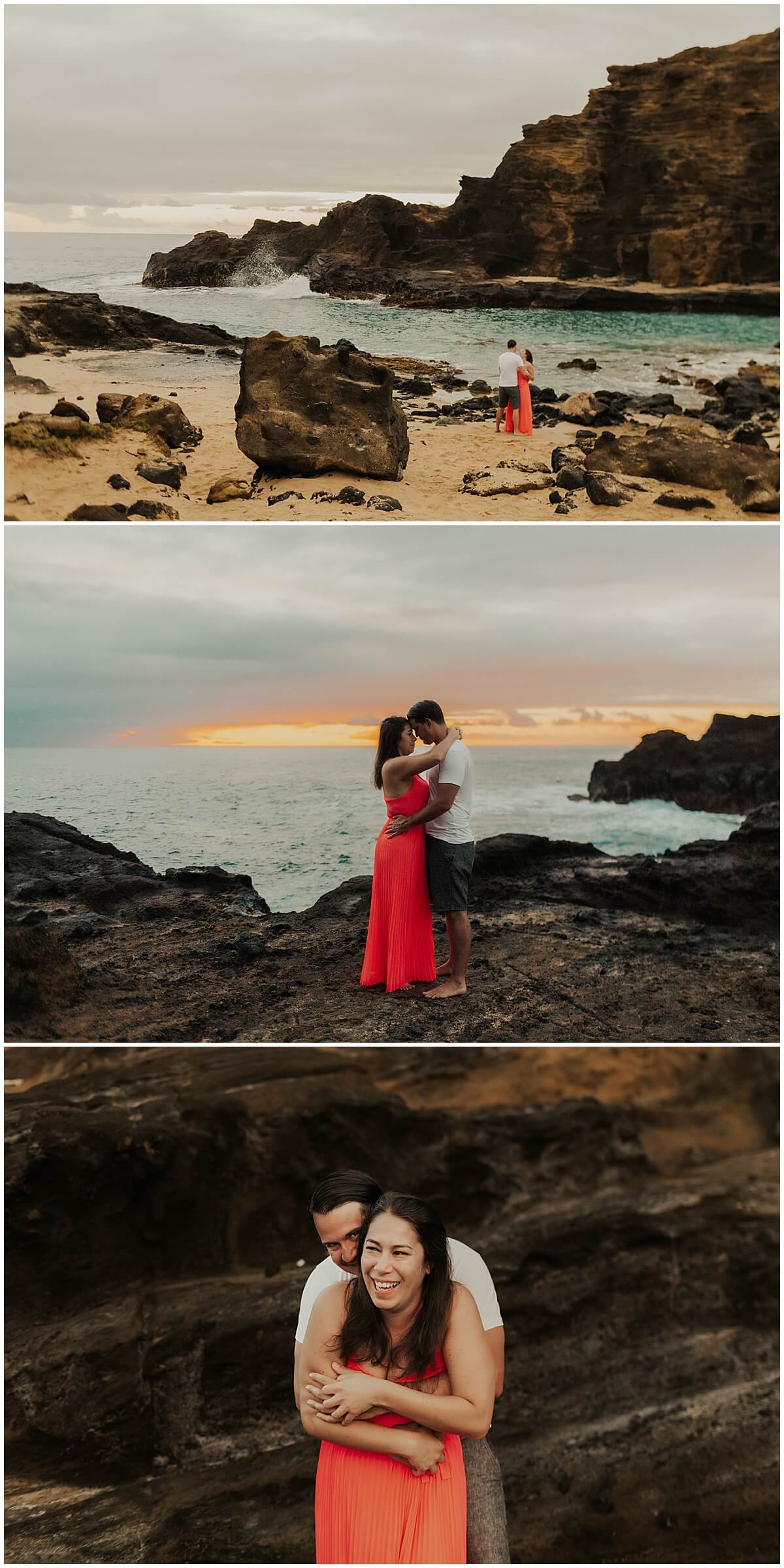 couple holding one another standing on the rocks wearing red dress by Elle rose photo