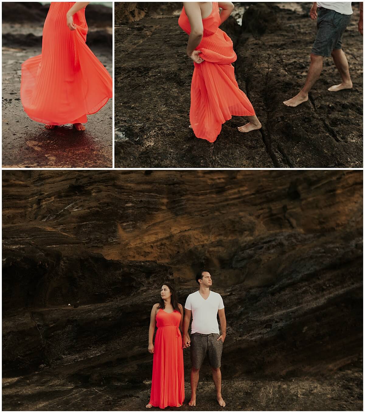 girl twirling red long dress holding fiancé's hand during island sunrise date session 