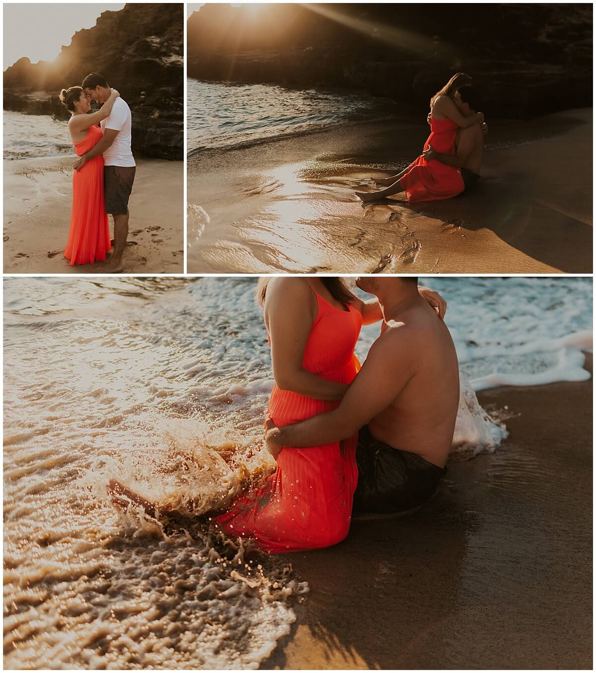 water splashing man and woman during island sunrise date session wearing long red dress 