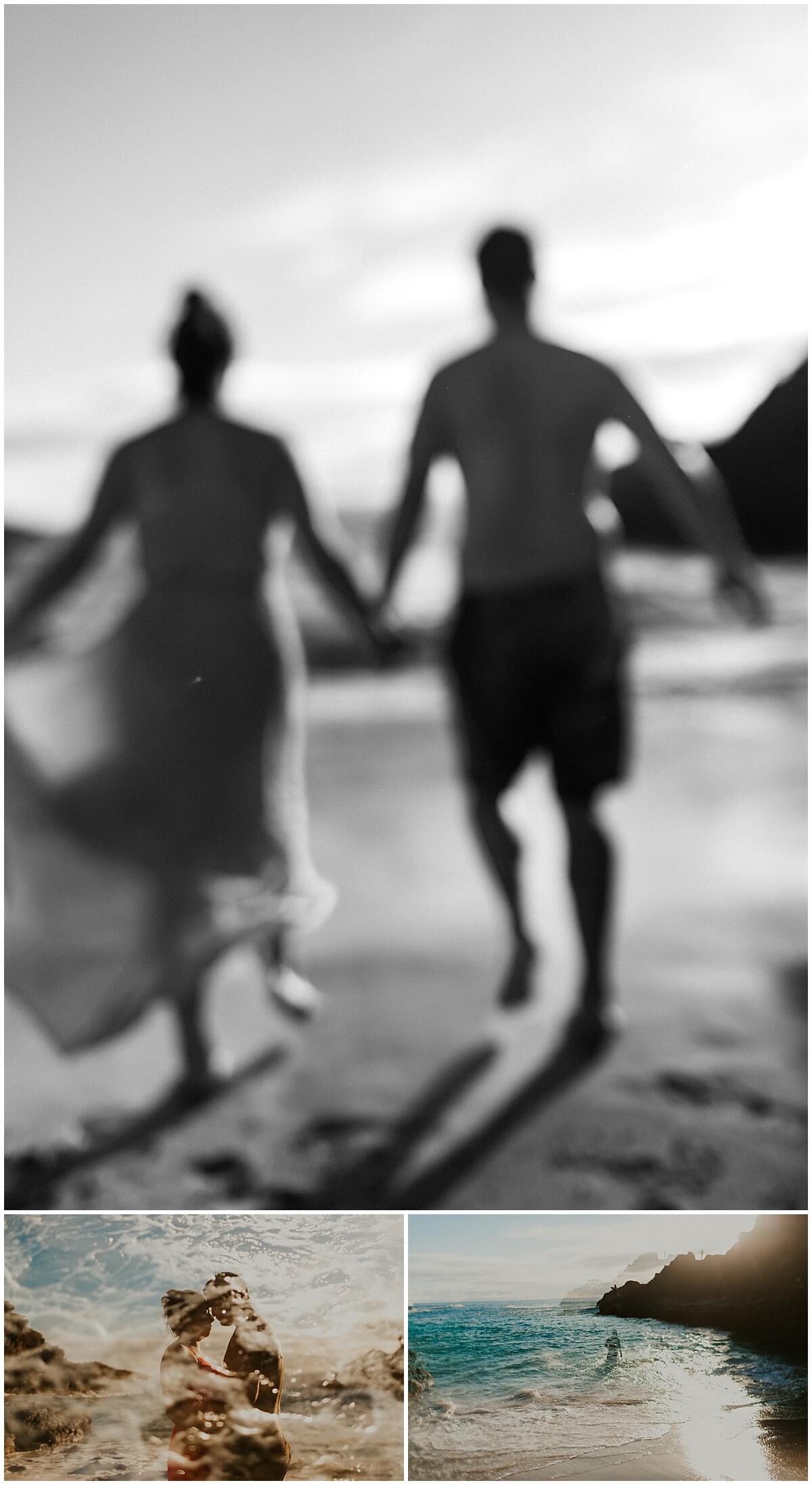 man and woman holding hands running into the water by Elle rose photo 