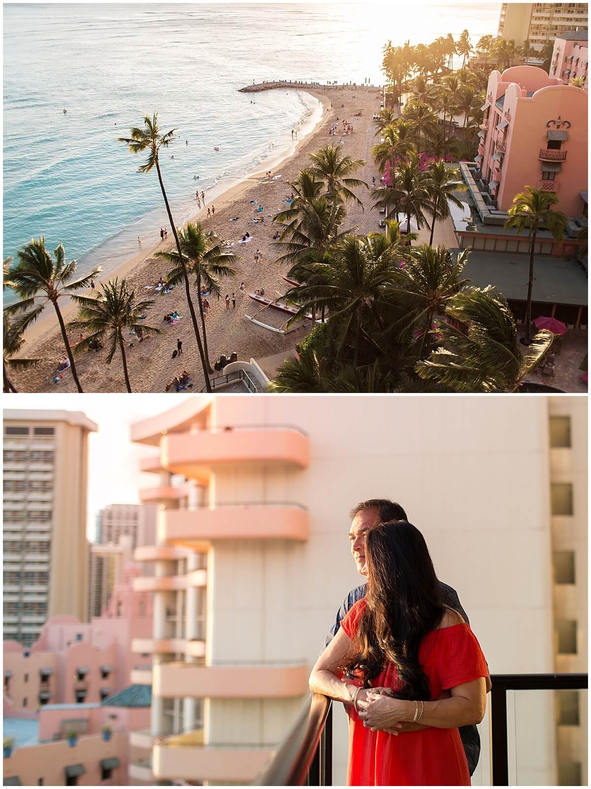 couple standing on balcony of resort hotel for Waikiki anniversary session