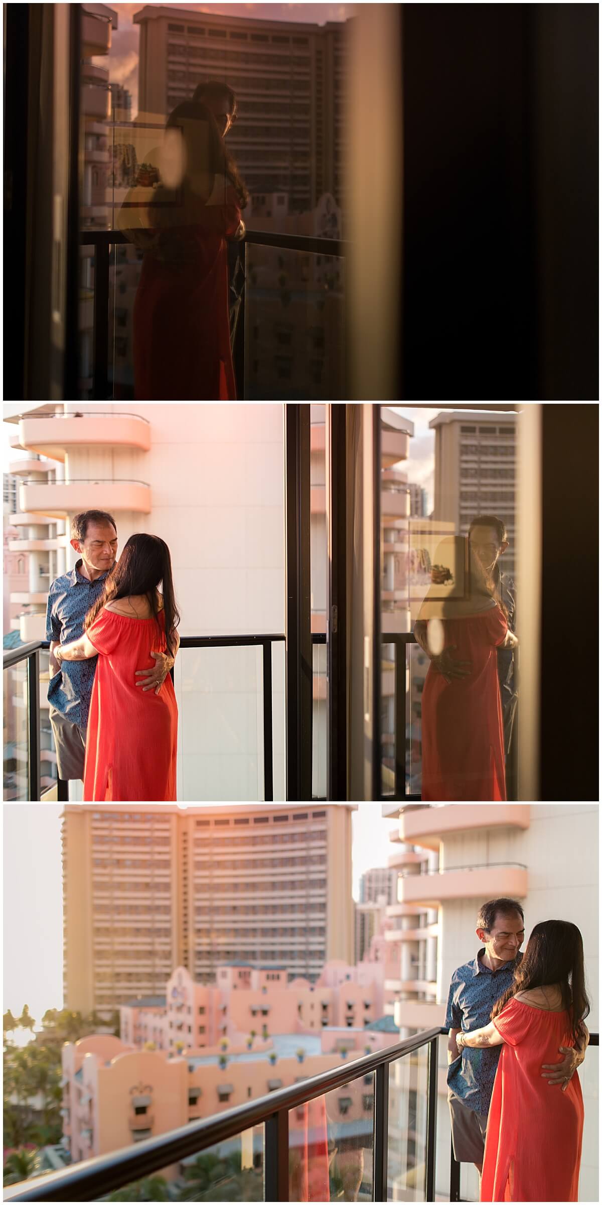 husband and wife embrace on balcony at sunset by Elle rose photo