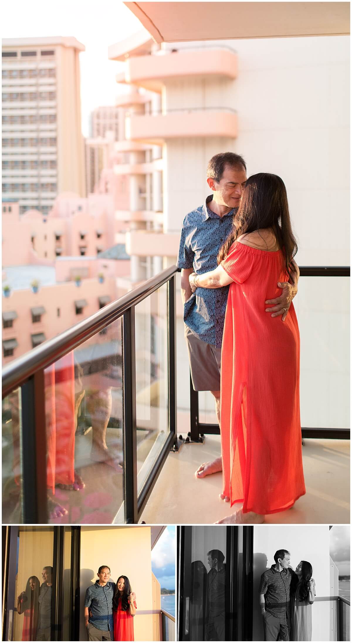 direct sunlight hitting couple wearing red dress and blue dress top during Waikiki anniversary session 