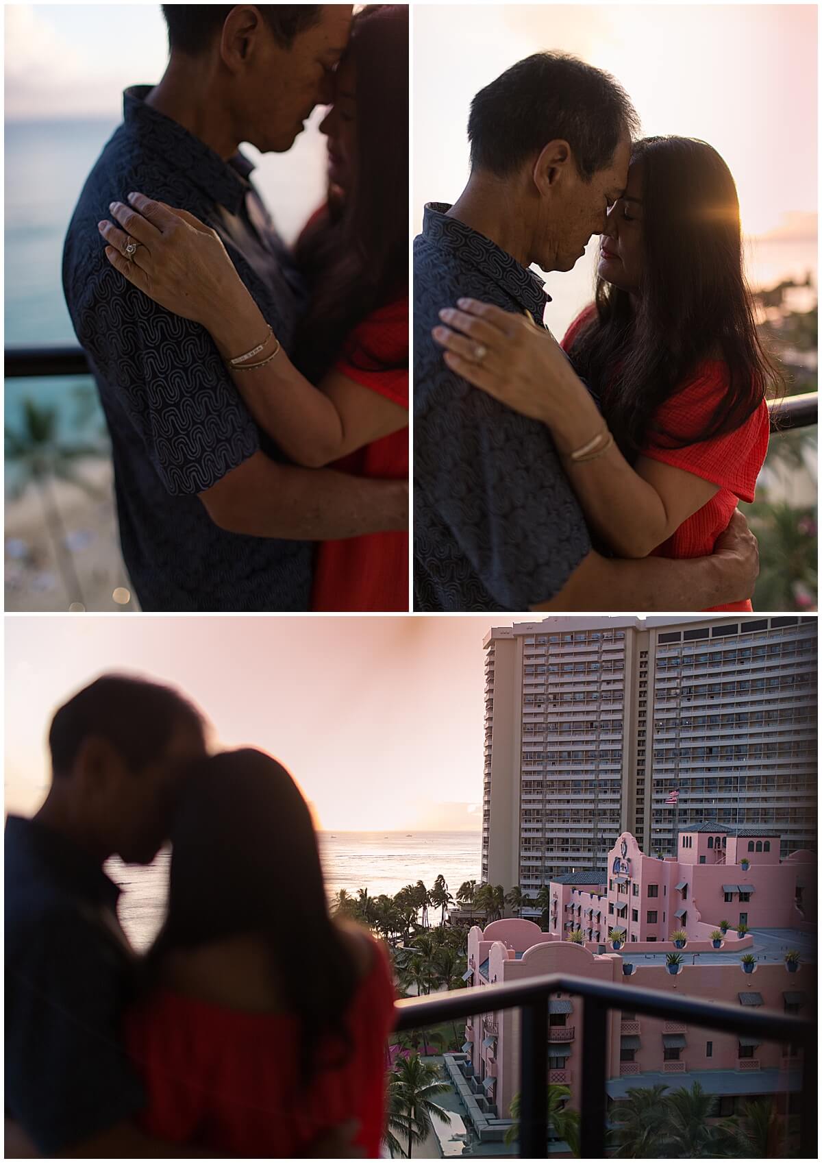 married couple overlooking Royal Hawaiian while showing off wedding rings during Waikiki anniversary session 
