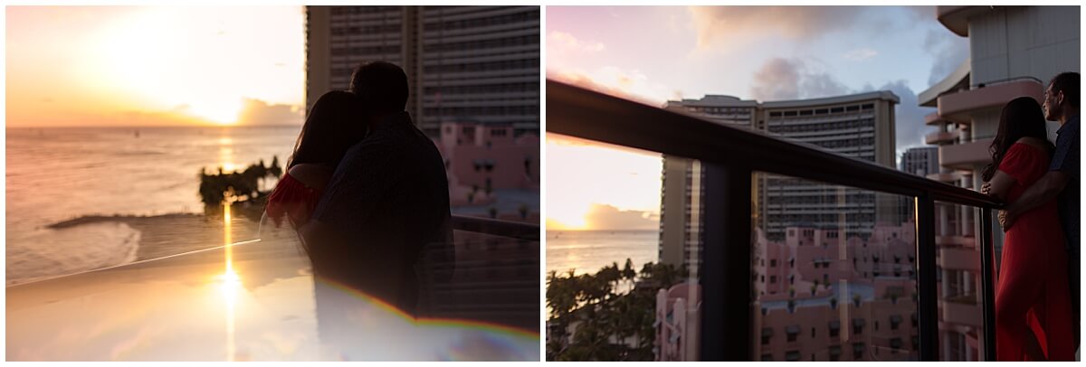 golden light shining on husband and wife for Waikiki anniversary session 