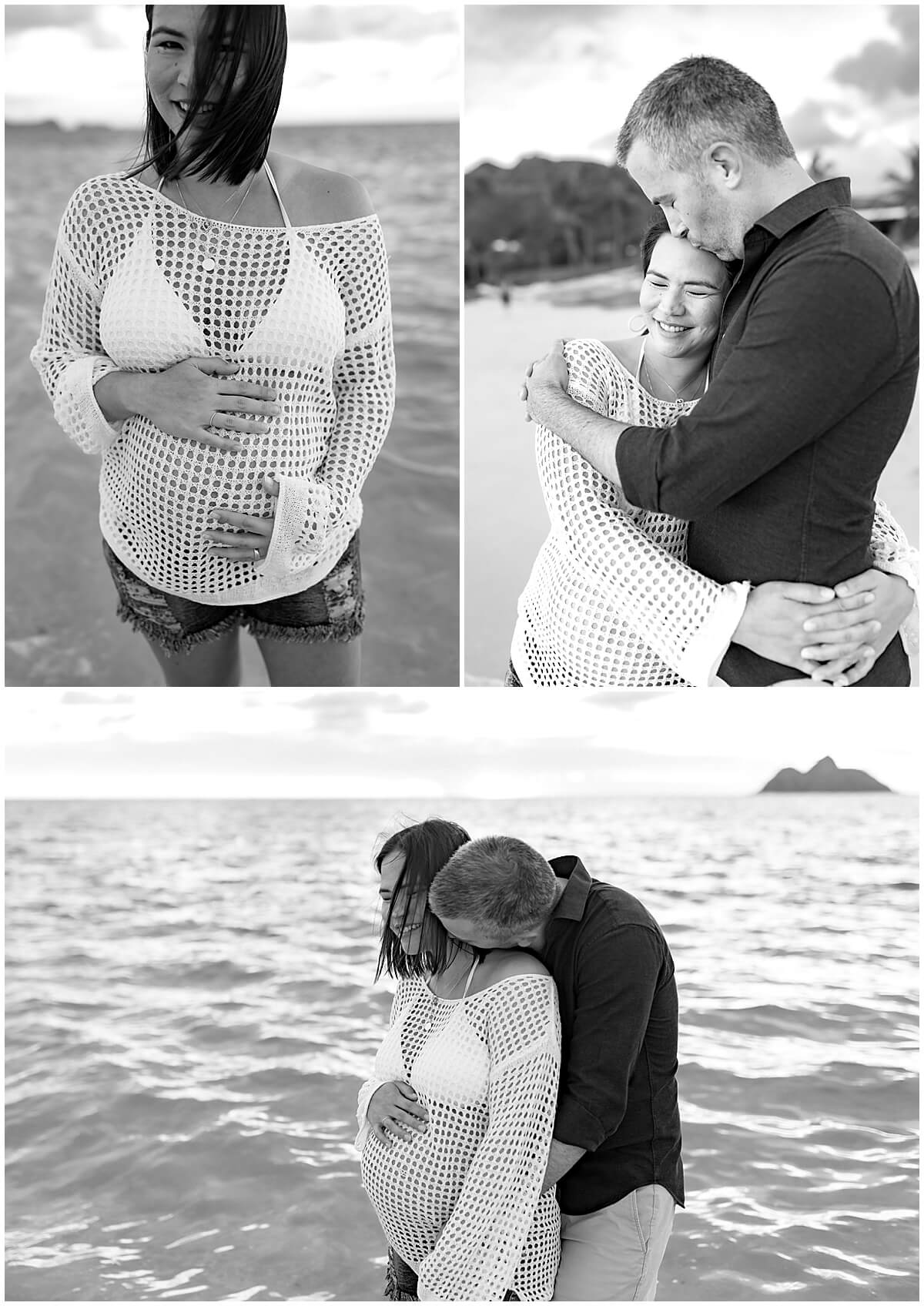 new mom and dad on beach for kailua maternity session 