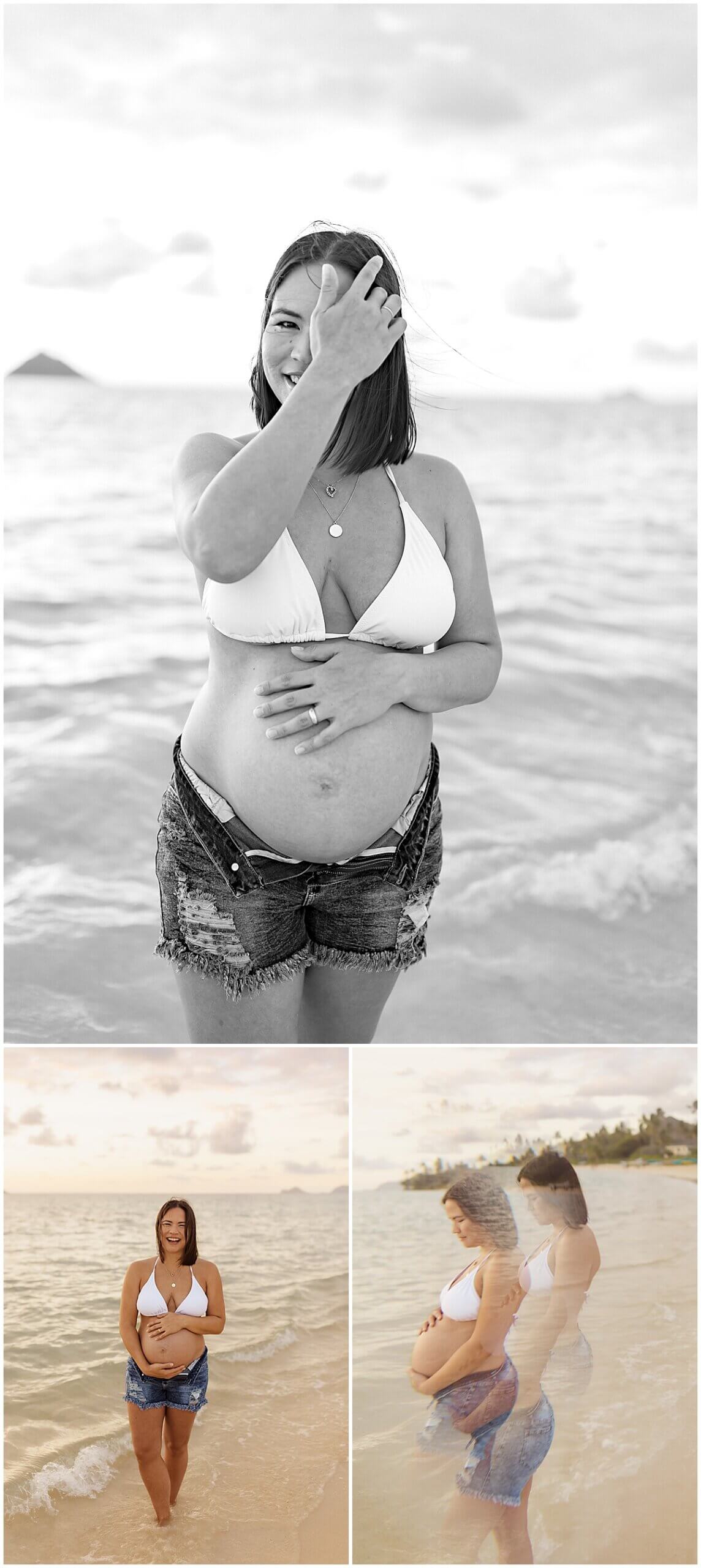 new mom in white bikini and jean shorts on shoreline by oahu lifestyle photographer