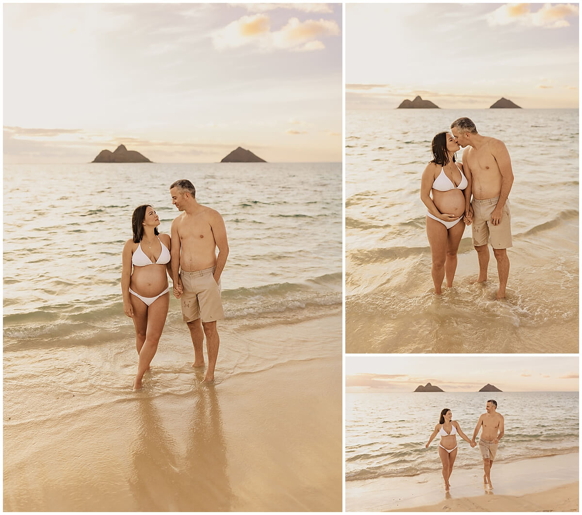 new mom and dad standing on the shoreline at sunrise for kailua maternity session 