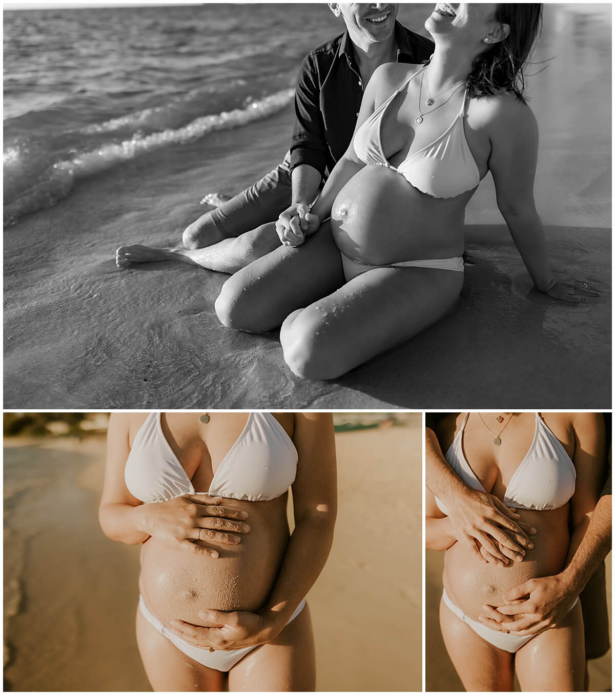 new parents lay on the sand at sunrise for kailua maternity session 