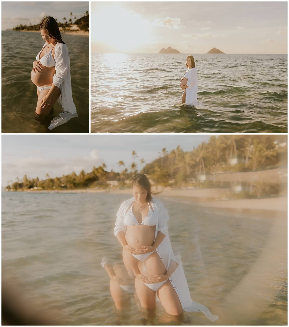 new mom in long white robe and bikini by oahu lifestyle photographer