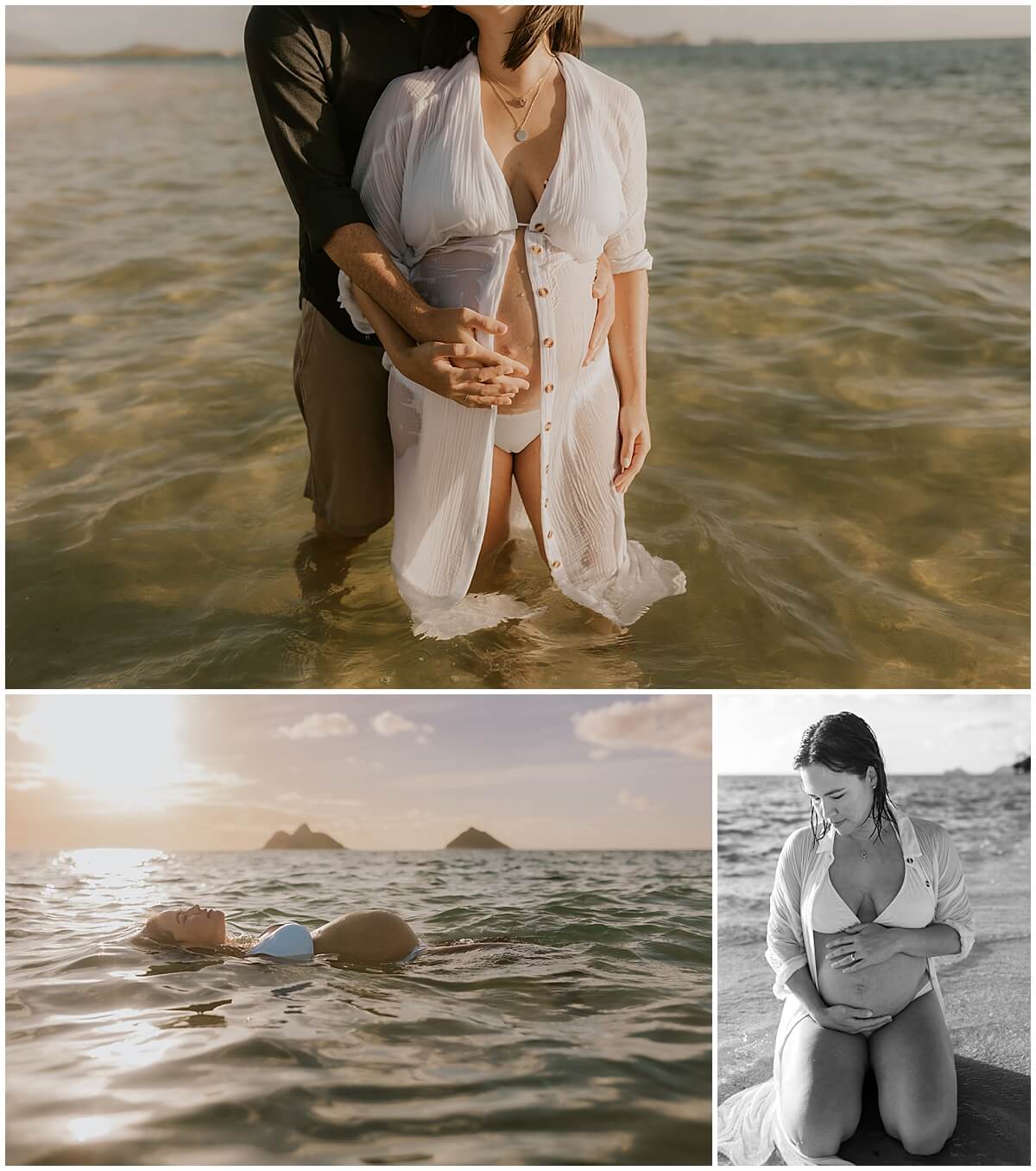 woman wears long white robe in the water at sunrise for kailua maternity session 