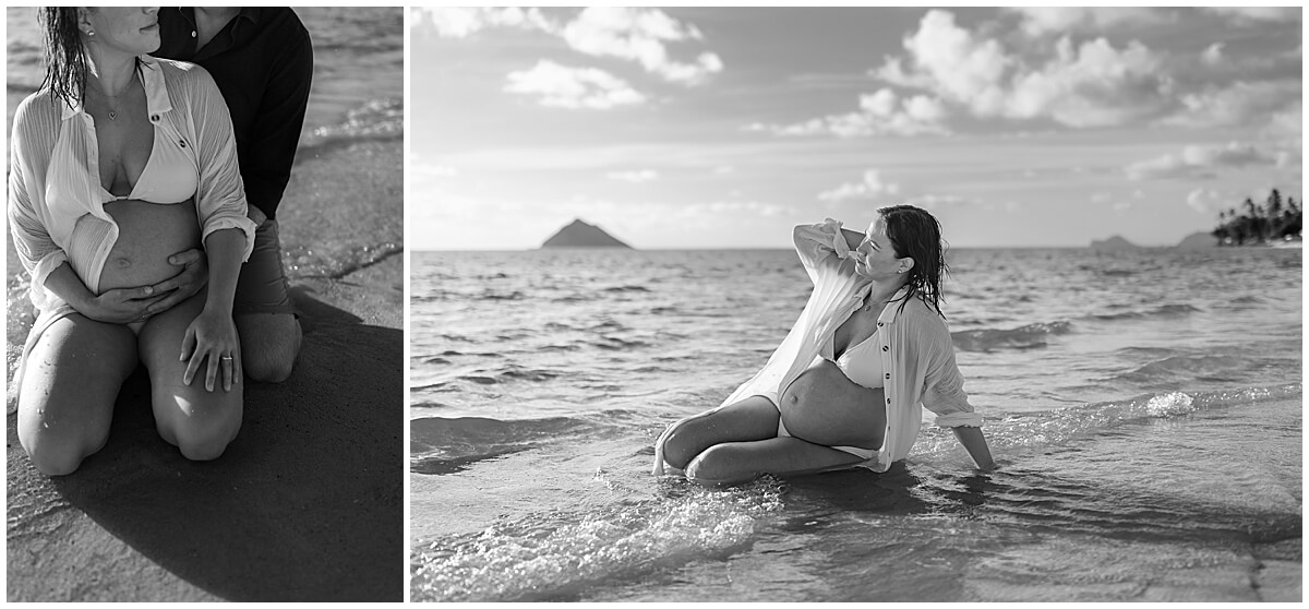 couple kneeling in the sand at sunrise by oahu lifestyle photographer 