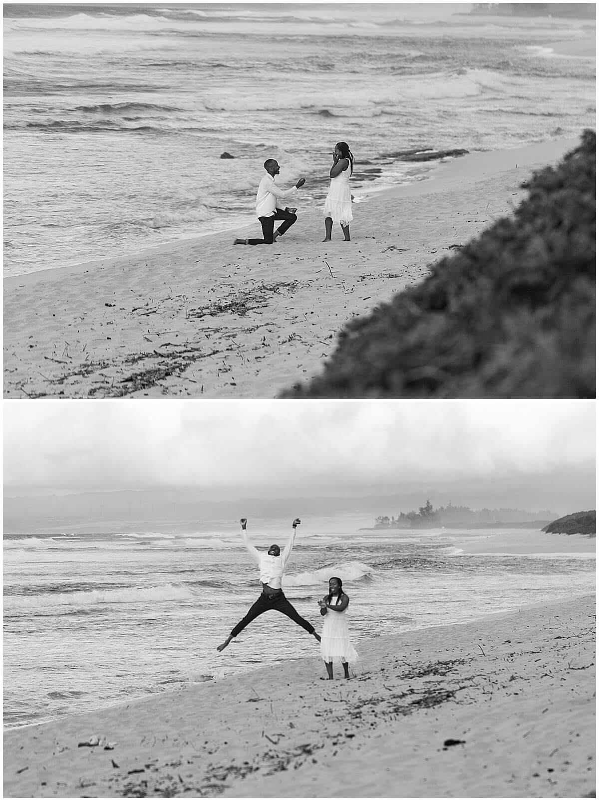 man gets down on what knee to propose and jumps in the air on the sand by Elle rose photo