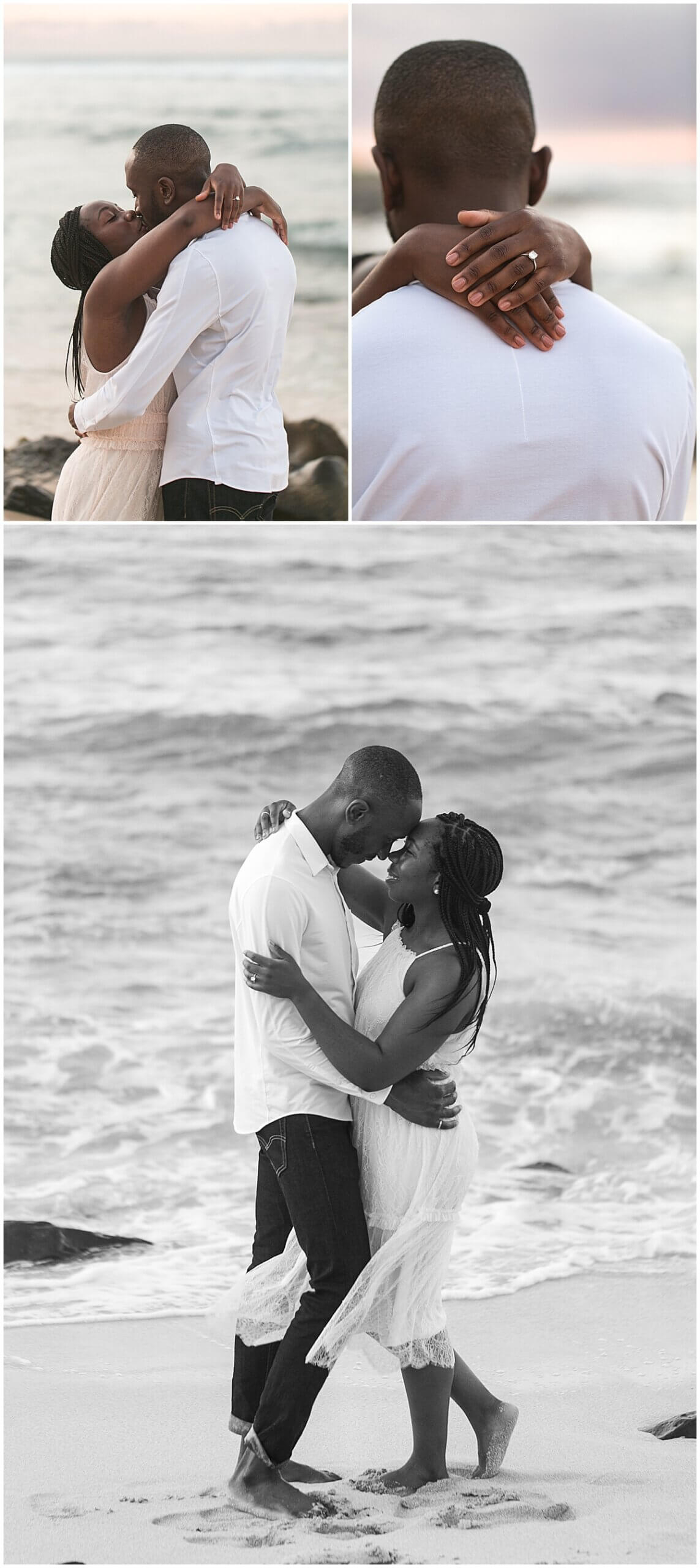 man grabbing woman waist after proposing on the beach in Hawaii by oahu engagement photographer 