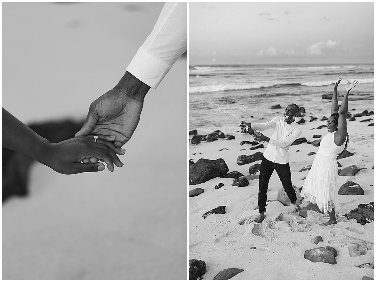 woman showing off diamond engagement right holding fiancé's hand in the beach by Elle rose photo