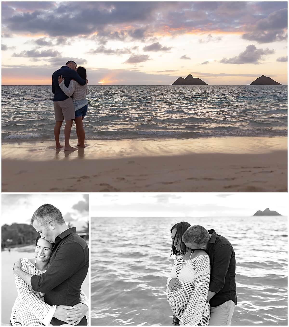 parents to be in front of the Mokulea islands at sunrise by oahu maternity photographer