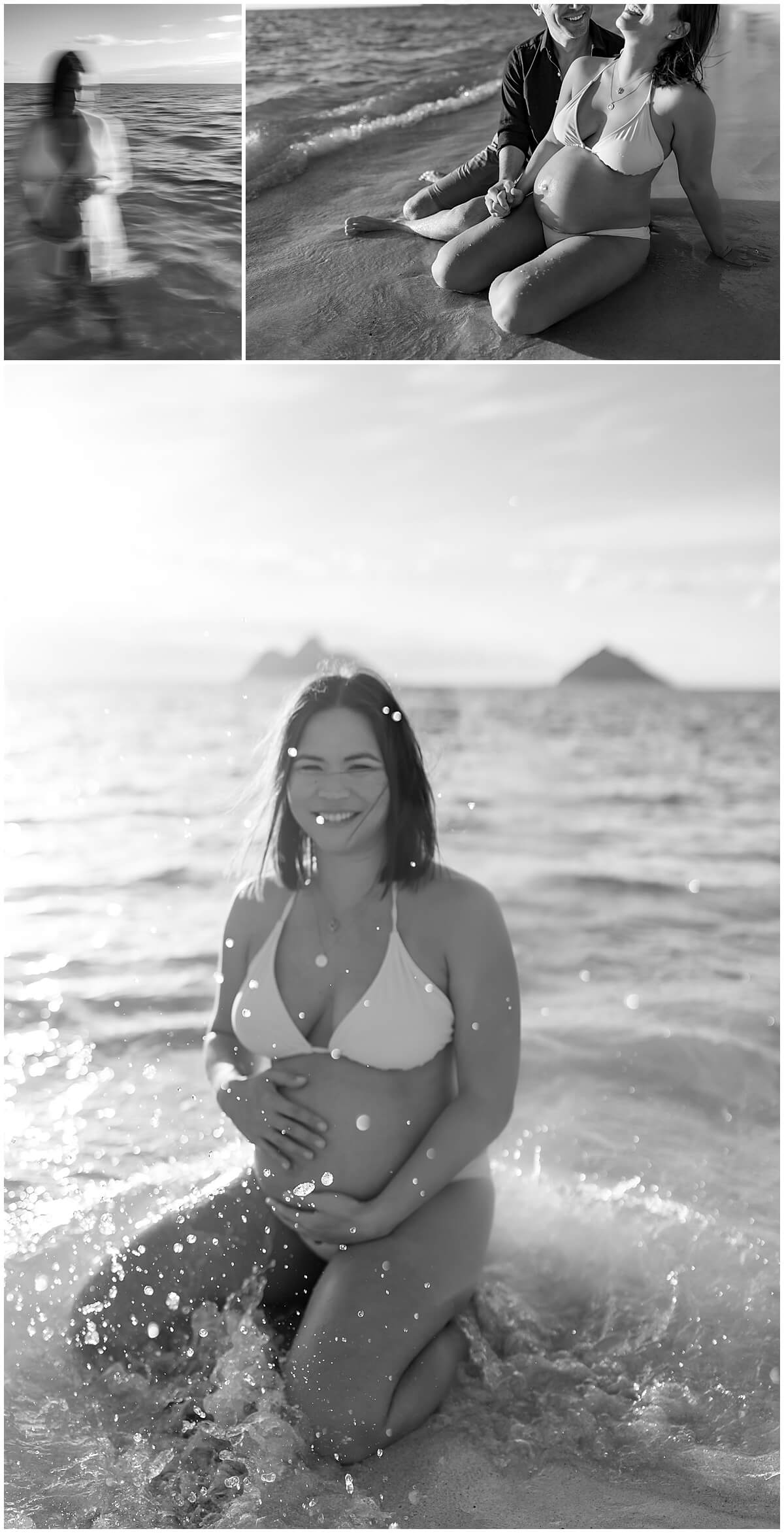 pregnant woman in white bikini sprayed by the waves by oahu maternity photographer 