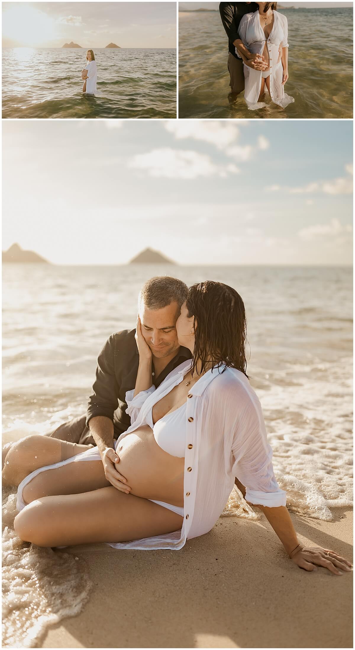 mother wearing mesh long sleeve white cover up on the beach with baby belly by Elle rose photo 