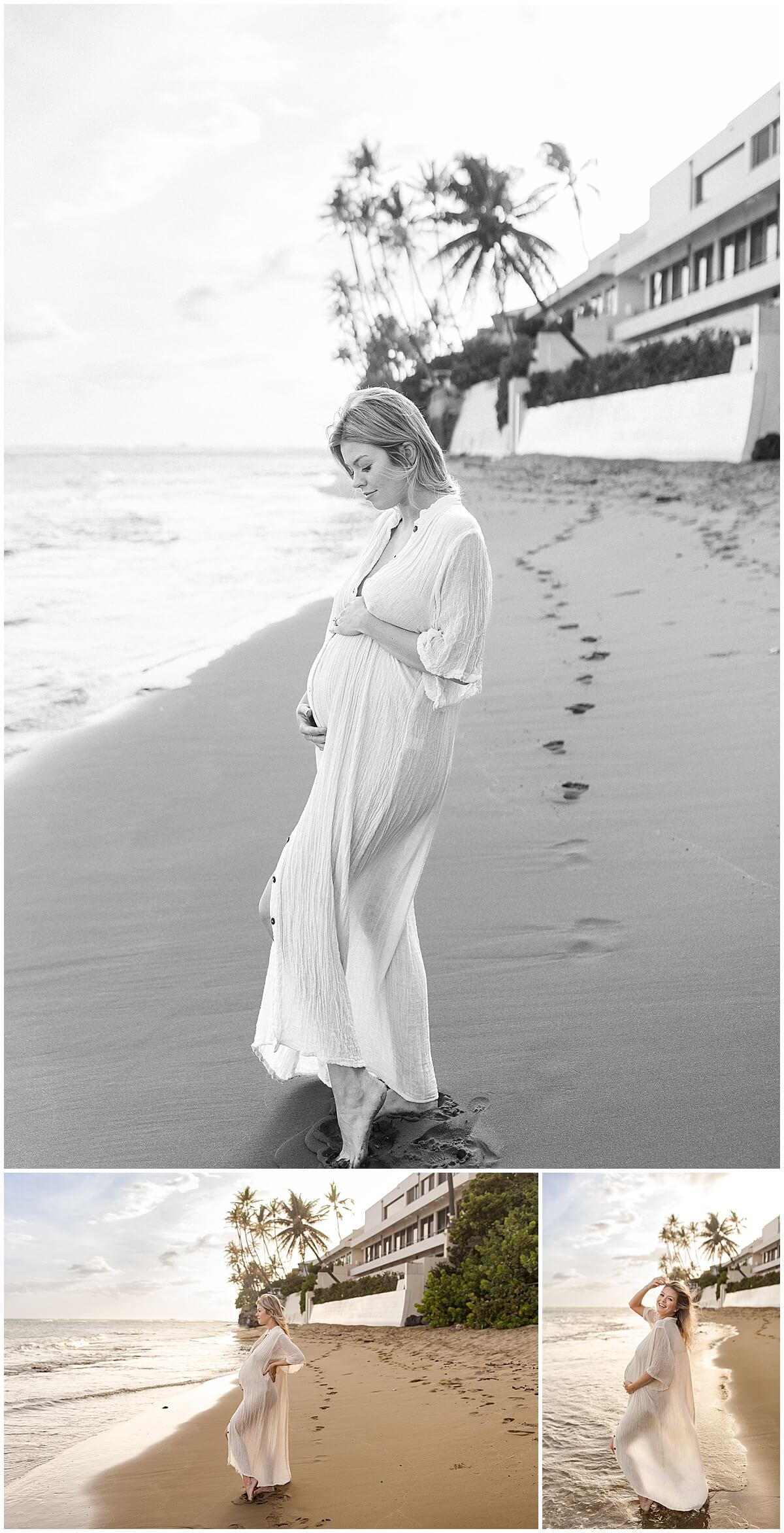 pregnant woman wearing long white maternity dress for baby moon session in oahu 