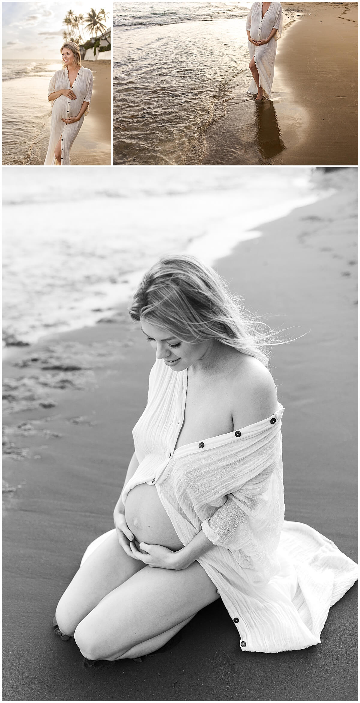 pregnant momma kneeling on the sand at sunset by oahu maternity photographer 