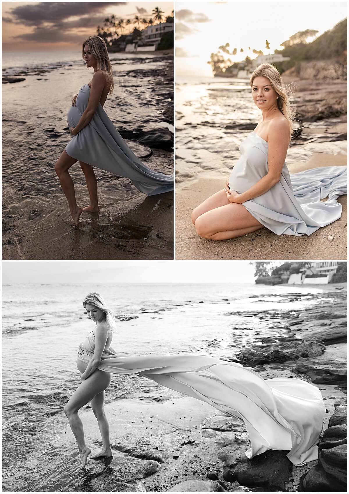 long train on white dress wore by pregnant woman at the shore by Elle rose photo 
