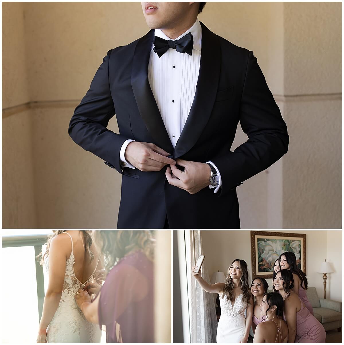 groom buttoning up jacket on hotel balcony by oahu wedding photographer 
