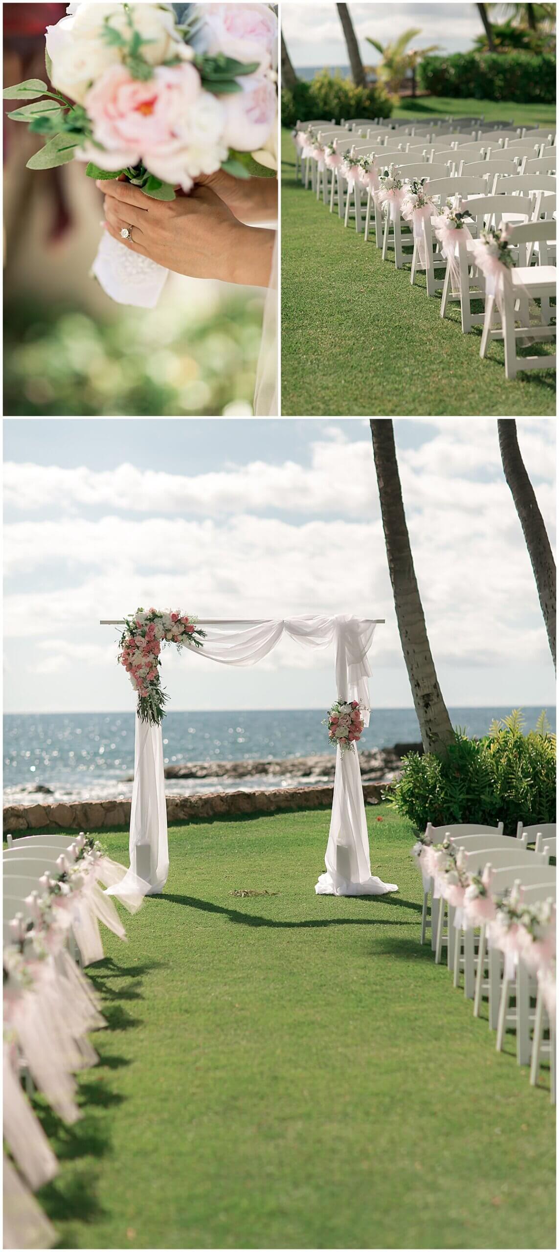 ceremony location overlooking the water with floral display and arch by oahu wedding photographer 