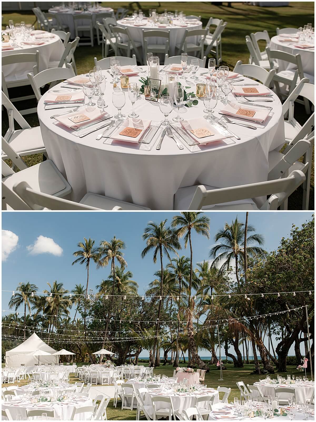 reception table scape with blush pink accent colors and white linens at lanikuhonua four seasons