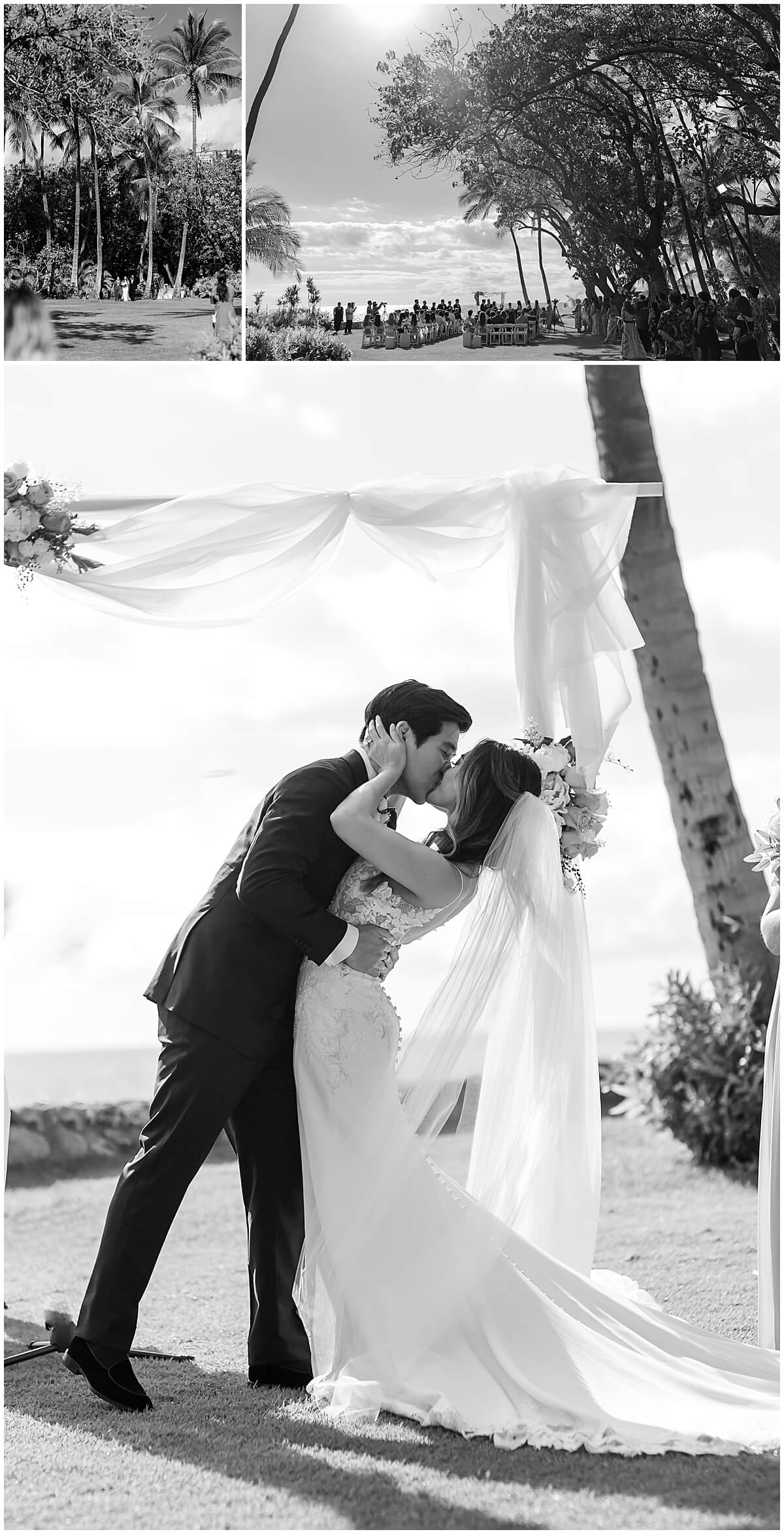 first kiss following ceremony with bride and groom by oahu wedding photographer 