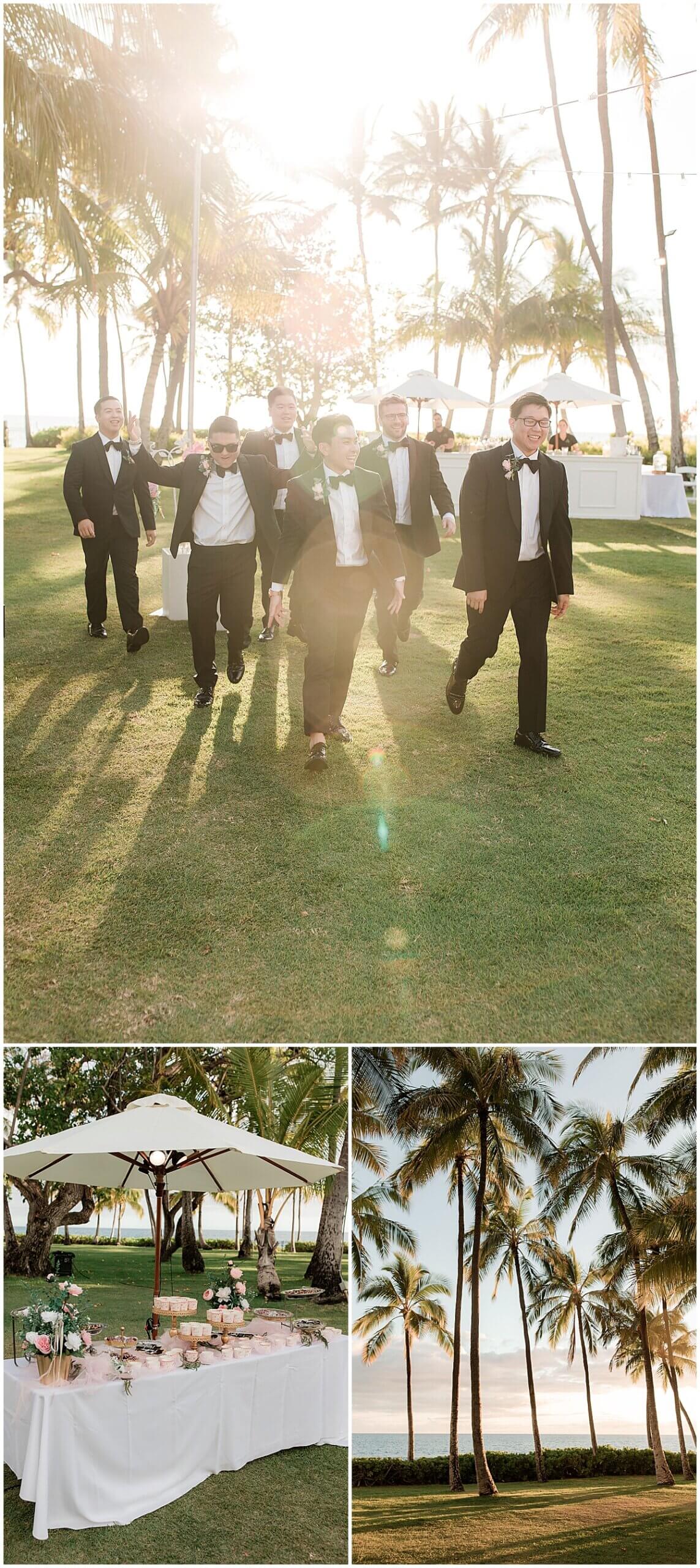 groomsmen walk into reception at sunset with groom by oahu wedding photographer 
