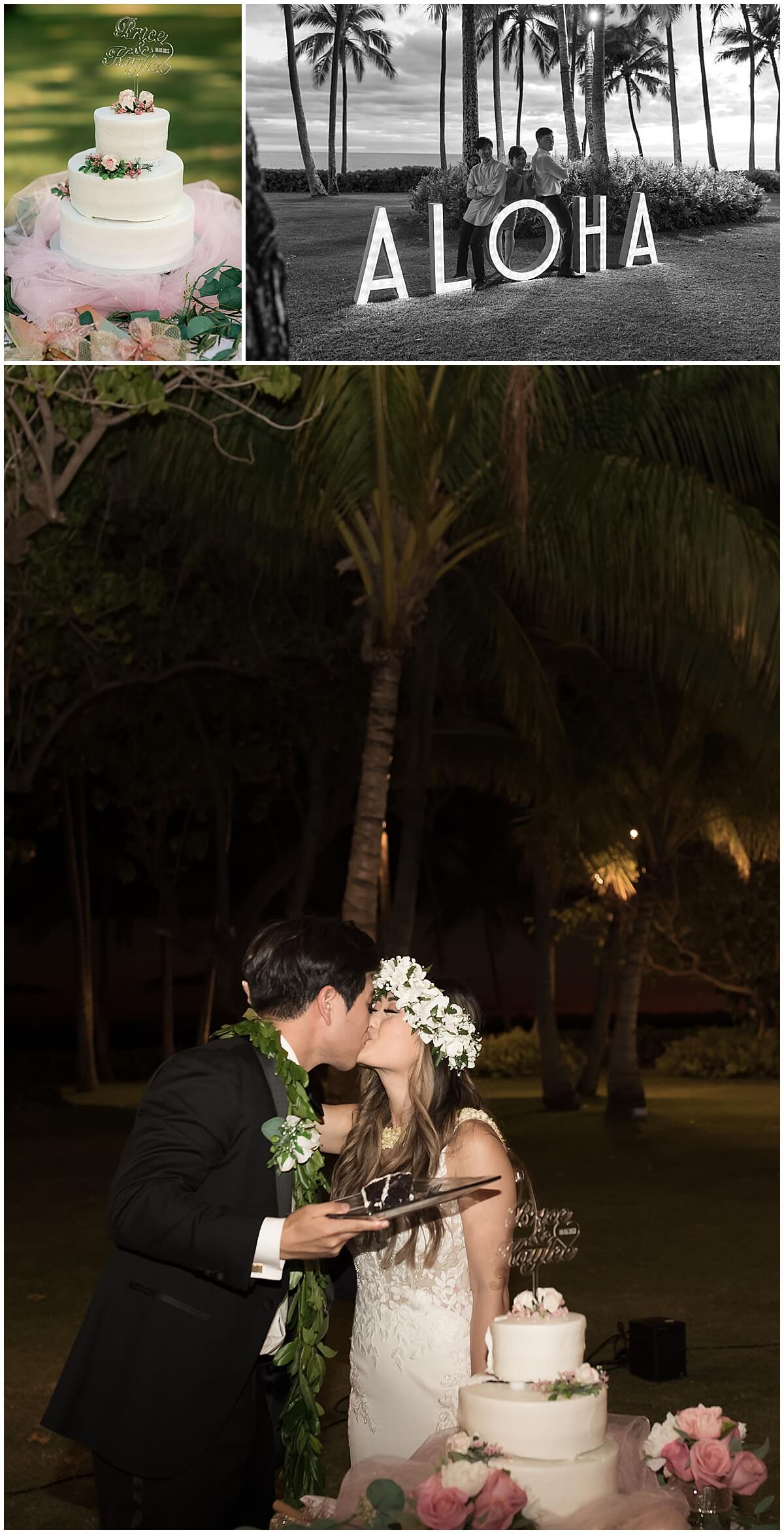 bride and groom cut wedding cake at reception in front of aloha ground sign by Elle rose photo
