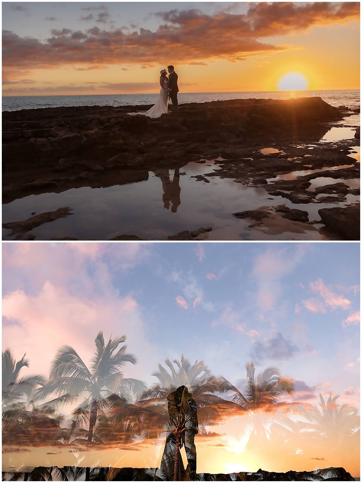 bride and groom standing on the water at sunset overlooking the bay at lanikuhonua four seasons resort 