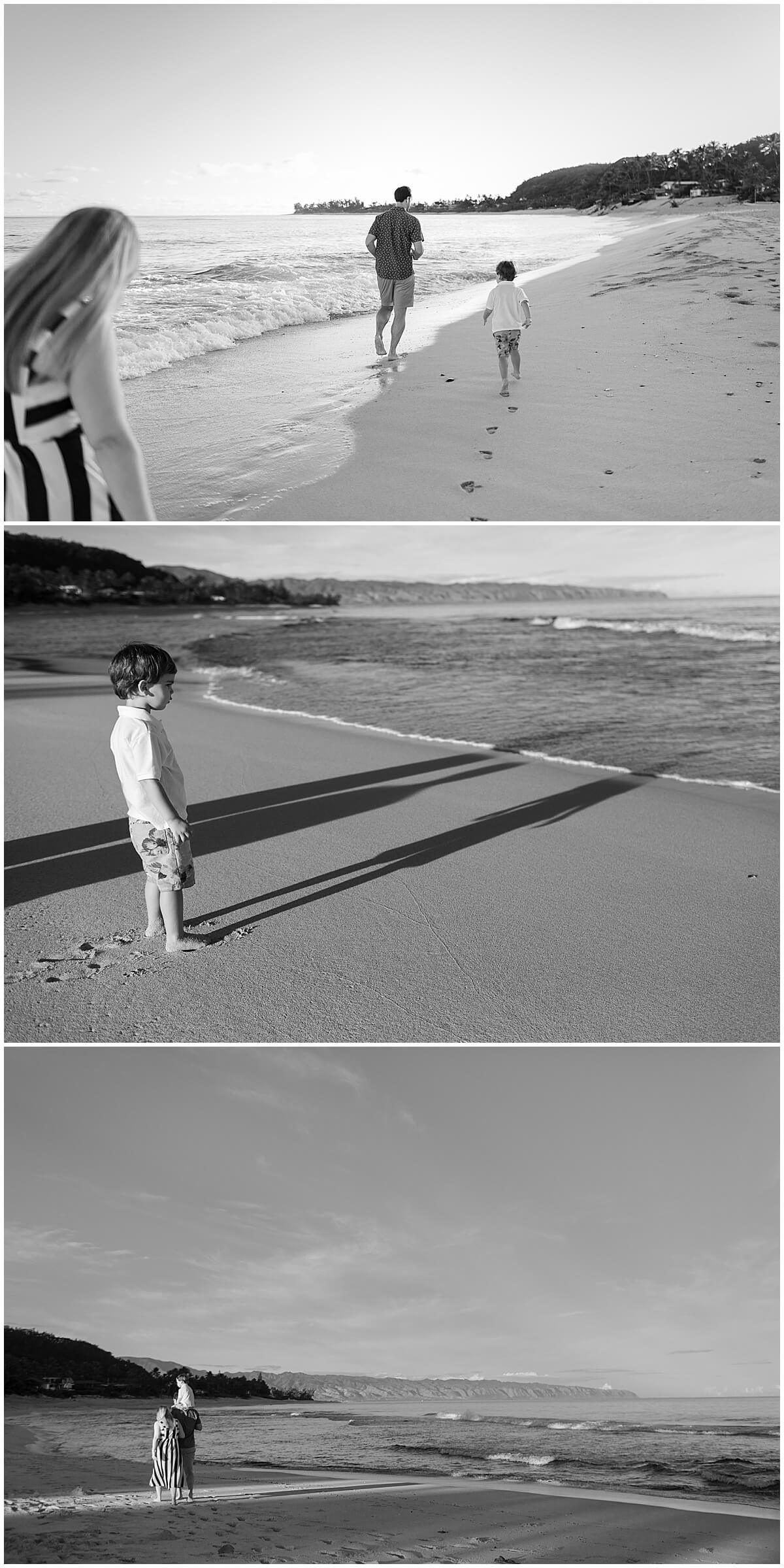 kid walking with his parents on the beach for north shore family photographer