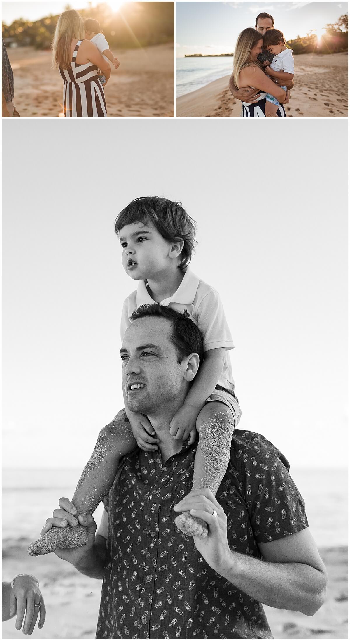 boy sitting on dads shoulders looking off in the distance by Elle rose photo