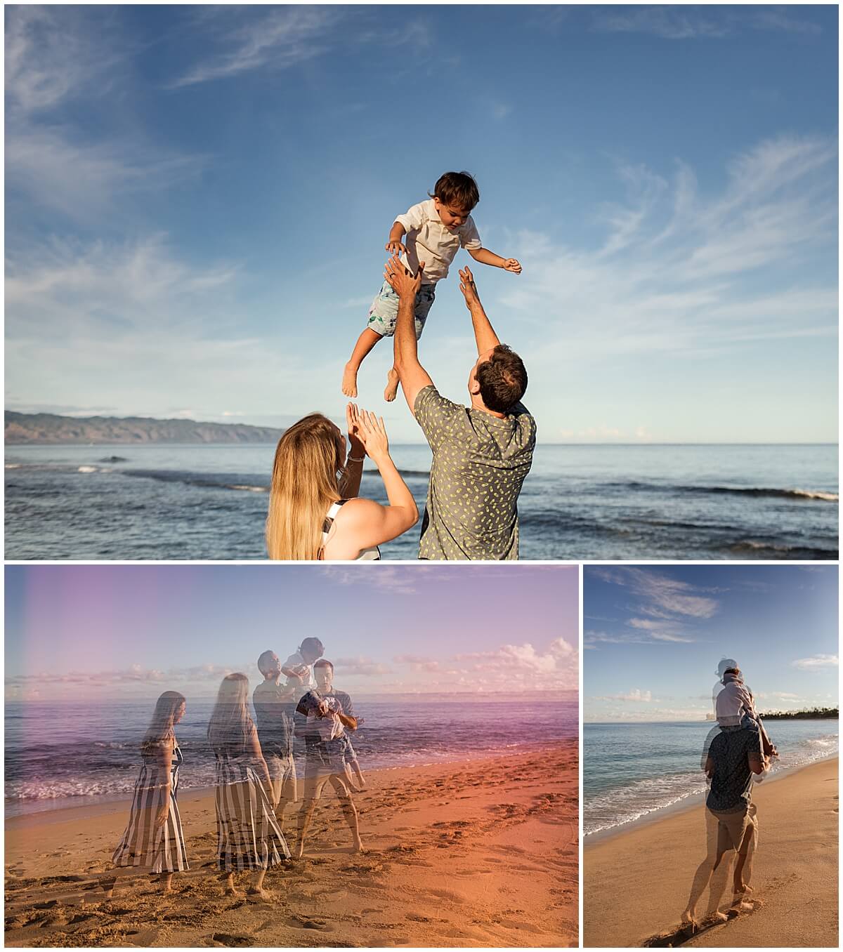 father throws child in air in front of beautiful blue sky for north shore family photographer