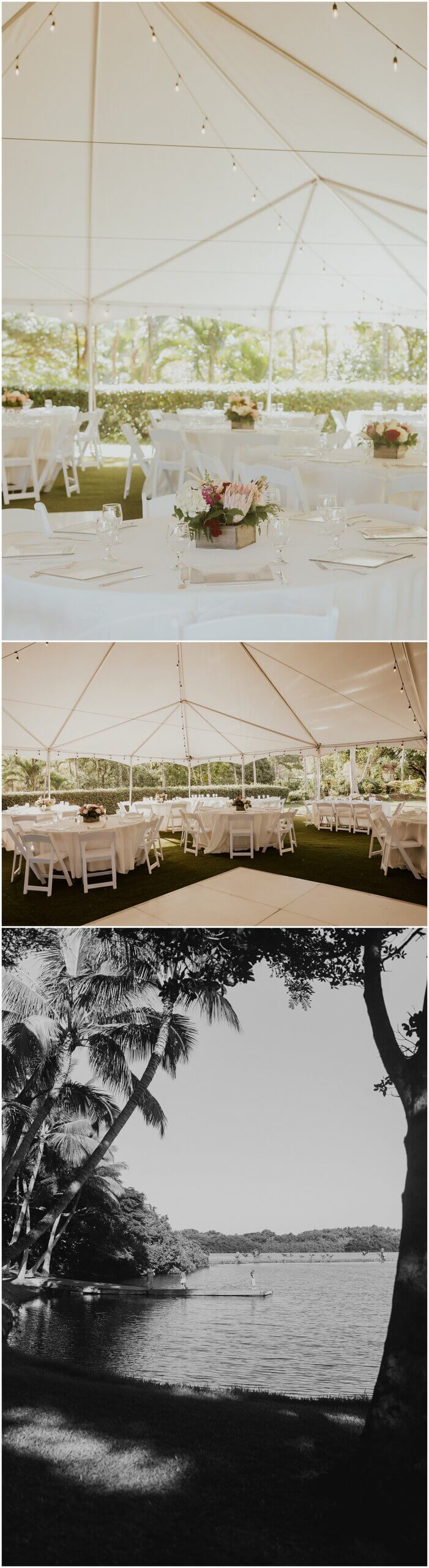 Reception tent set up on Kualoa ranch property with white tables and chairs by Oahu wedding photographer 
