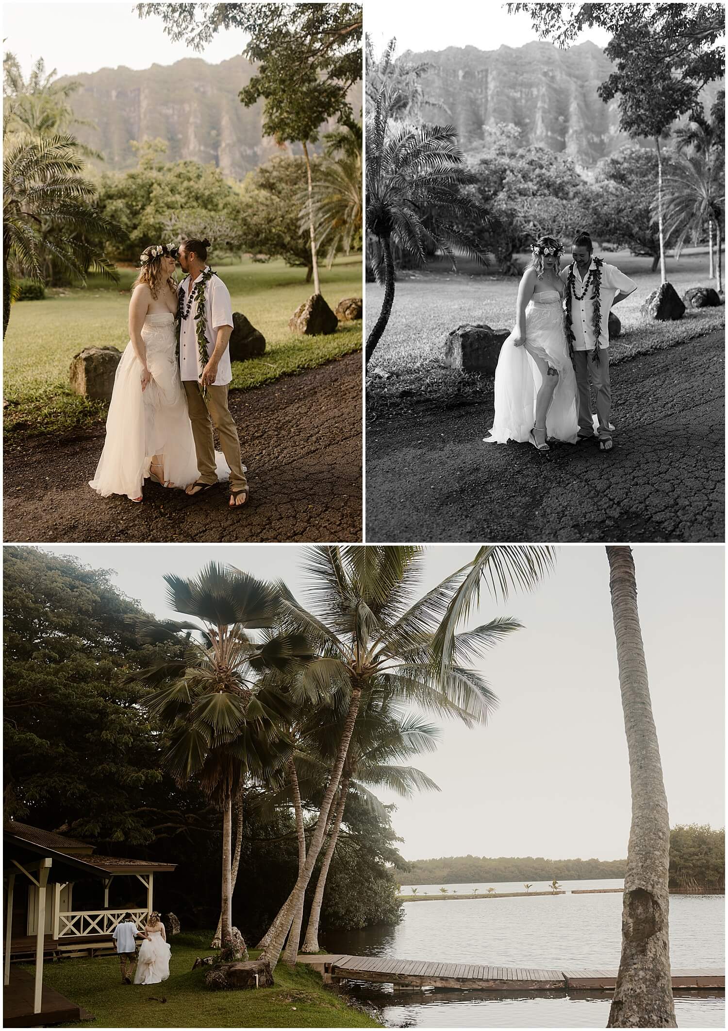 Walkway after ceremony for bride and groom with koolau mountain views along the water by Oahu wedding photographer 