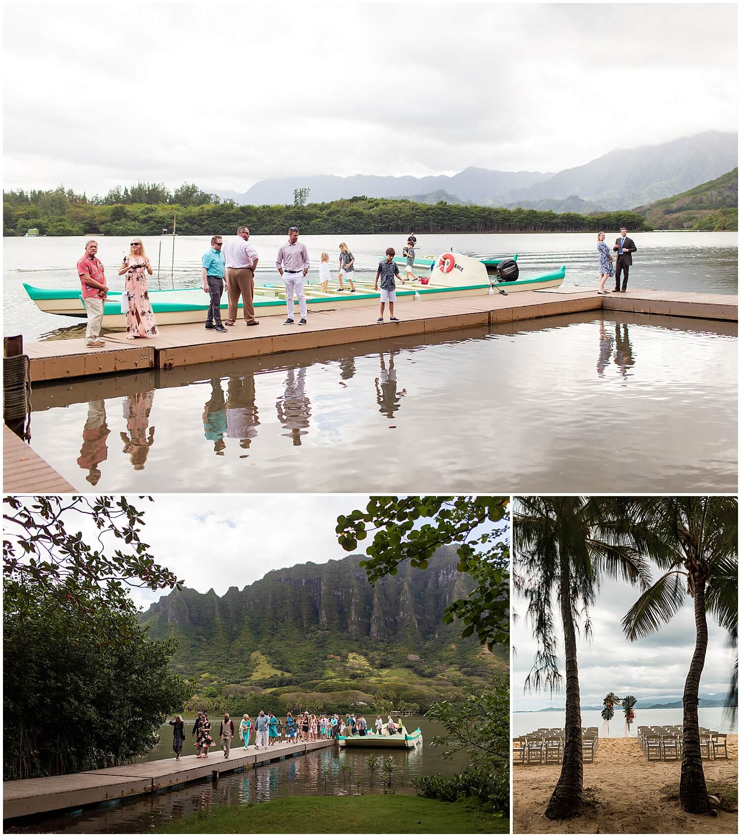 Wedding guests arrive by boat to secret island for ceremony by Oahu wedding photographer 