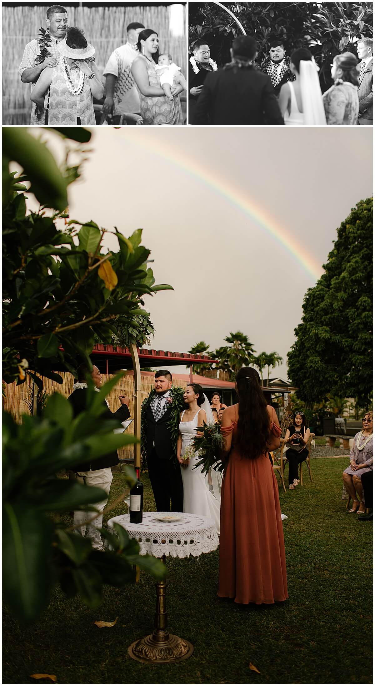 bride and groom standing at altar with a rainbow over them by oahu wedding photographer