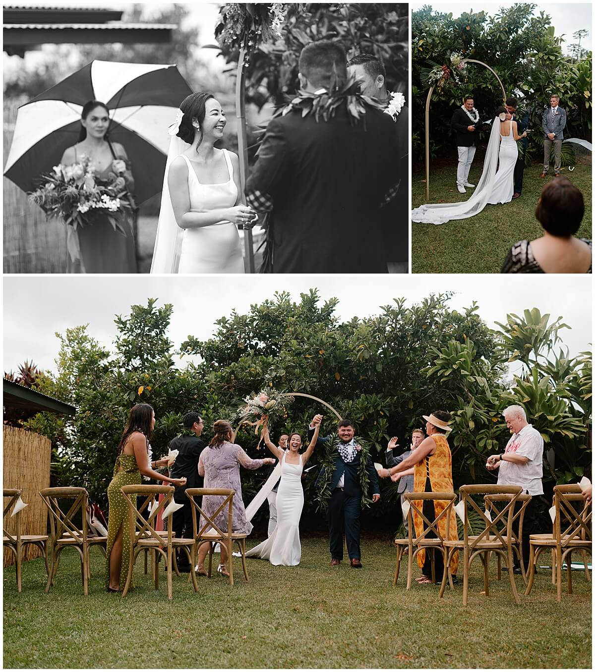 bride and groom walk back up aisle after first kiss for intimate backyard ceremony