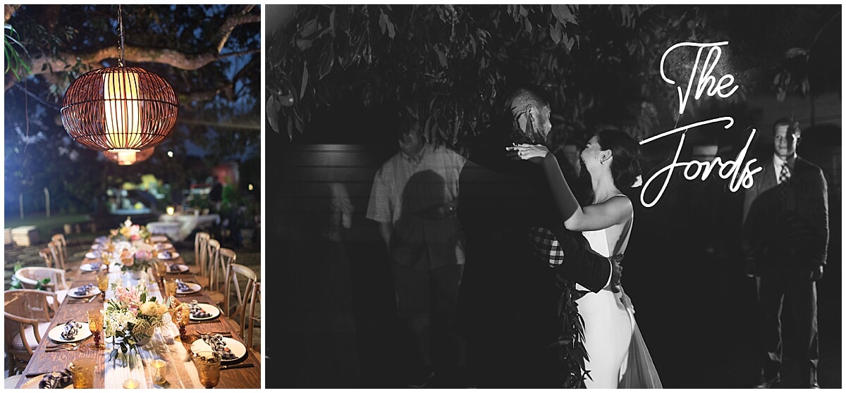 first dance with newly married couple under neon name sign after intimate backyard ceremony